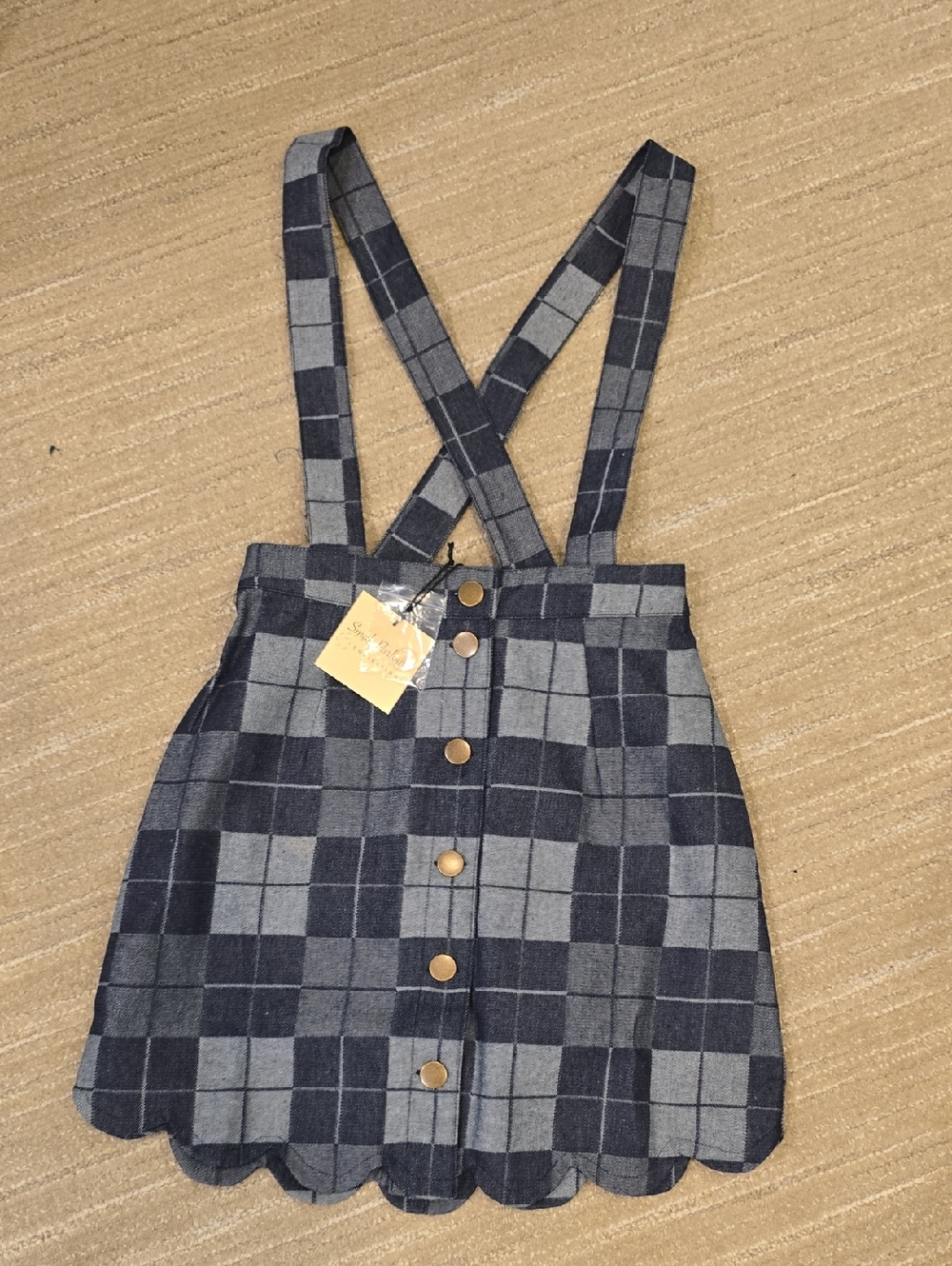Unique Vintage Smak Parlor Dark Denim Plaid Scallop Hem Suspender Skirt, Size S